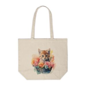 Floral Cat in a Basket Custom Canvas Tote Bag